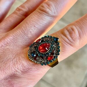 Bohemian Gold Plated Statement Ring w/Red and Blue Stones
